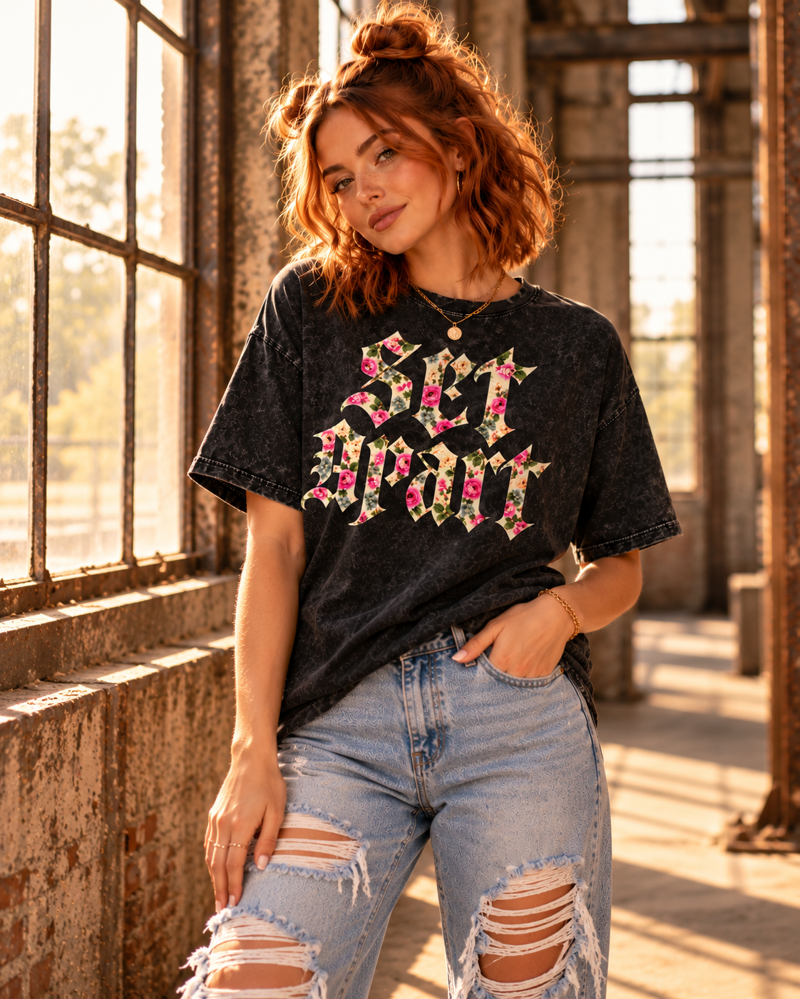 SET APART | Floral Design | Oversized Vintage Washed Christian Graphic Tee