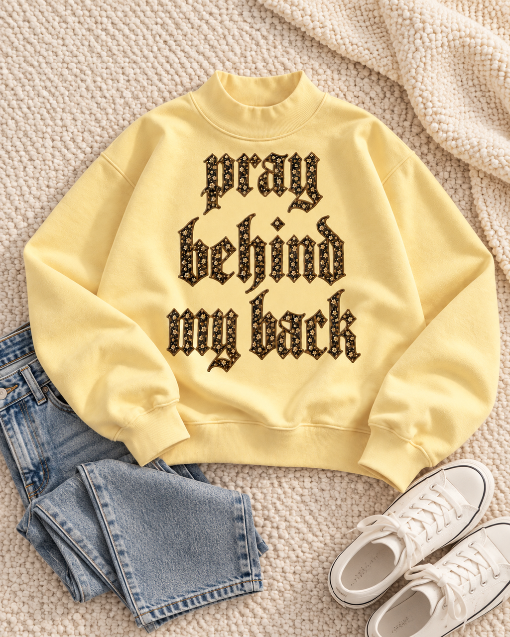 PRAY BEHIND MY BACK Oversized Fleece Mockneck Sweatshirt